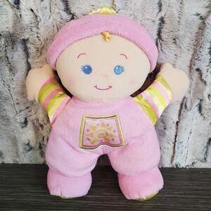 Fisher Price Pink Baby Doll Rattle Plush 10" Stuffed Animal Toy Blue Eyes Satin